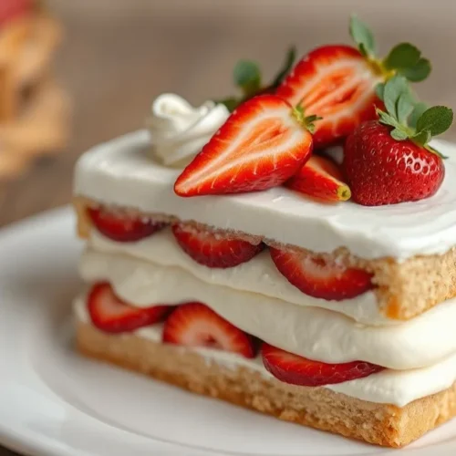 Strawberry Fraisier cake with cream layers, fresh red strawberries arranged on top, elegant French pastry dessert, profession