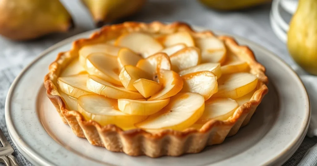 Traditional Norman pear tart with golden pastry crust, creamy custard filling, and elegantly arranged pear halves in a rosett