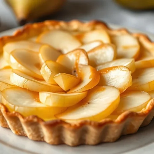 Traditional Norman pear tart with golden pastry crust, creamy custard filling, and elegantly arranged pear halves in a rosett