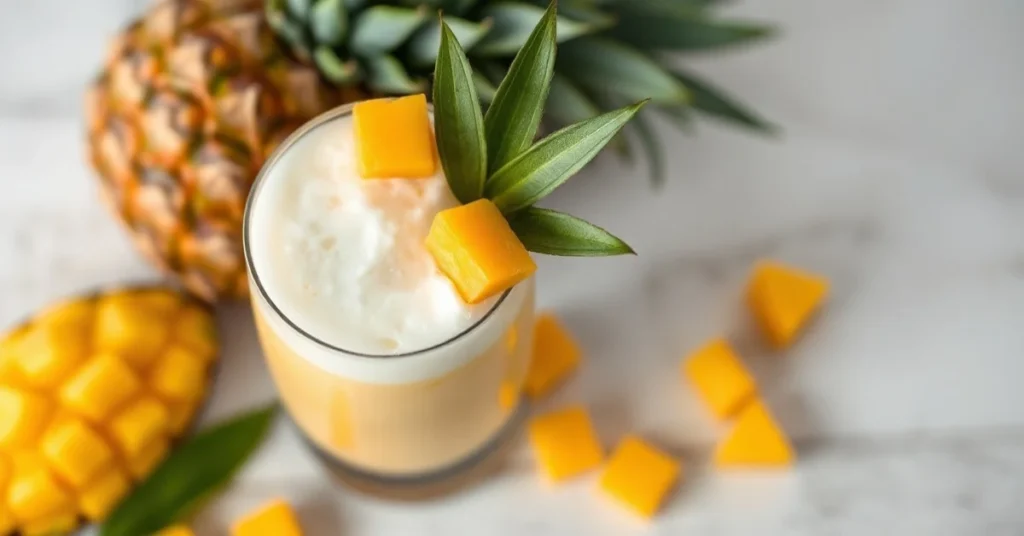 Tropical mango pineapple smoothie in tall glass with coconut milk foam, fresh mango cubes, pineapple garnish, vibrant yellow