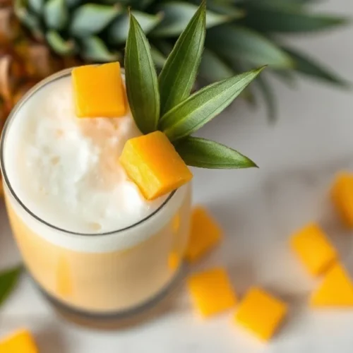 Tropical mango pineapple smoothie in tall glass with coconut milk foam, fresh mango cubes, pineapple garnish, vibrant yellow