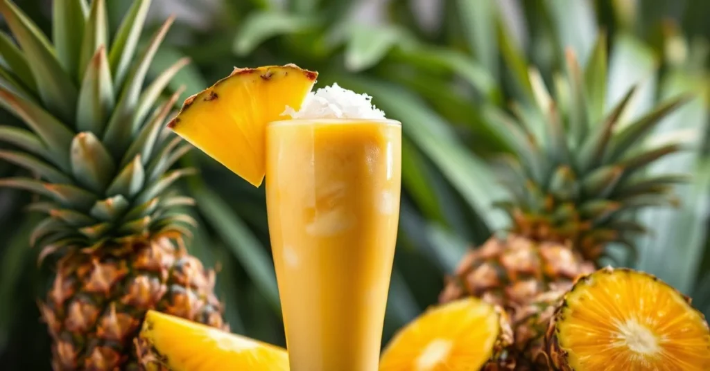 Tropical pineapple smoothie in a tall glass, garnished with fresh pineapple slice and coconut flakes, ice cubes visible, vibr