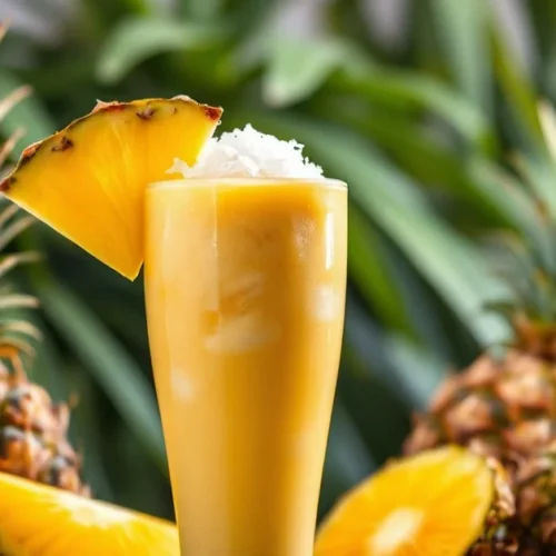 Tropical pineapple smoothie in a tall glass, garnished with fresh pineapple slice and coconut flakes, ice cubes visible, vibr