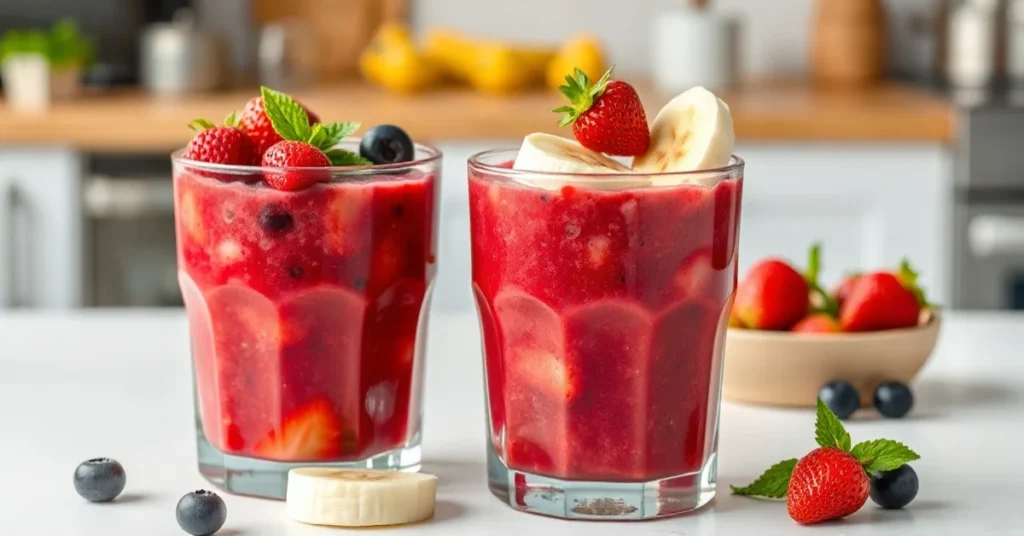 Two fresh vibrant smoothie glasses with red berries strawberries raspberries blueberries and banana, topped with fresh berrie
