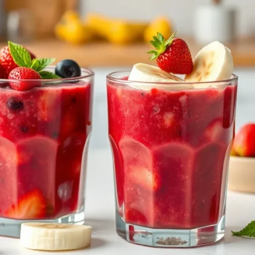 Two fresh vibrant smoothie glasses with red berries strawberries raspberries blueberries and banana, topped with fresh berrie