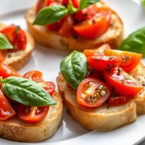 Vegan bruschetta with fresh tomatoes, basil, garlic on toasted bread slices arranged on white plate, Mediterranean appetizer