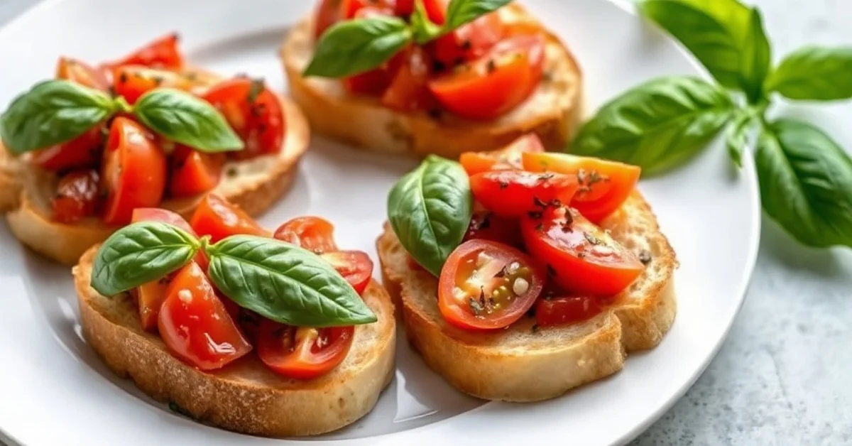 Vegan bruschetta with fresh tomatoes, basil, garlic on toasted bread slices arranged on white plate, Mediterranean appetizer