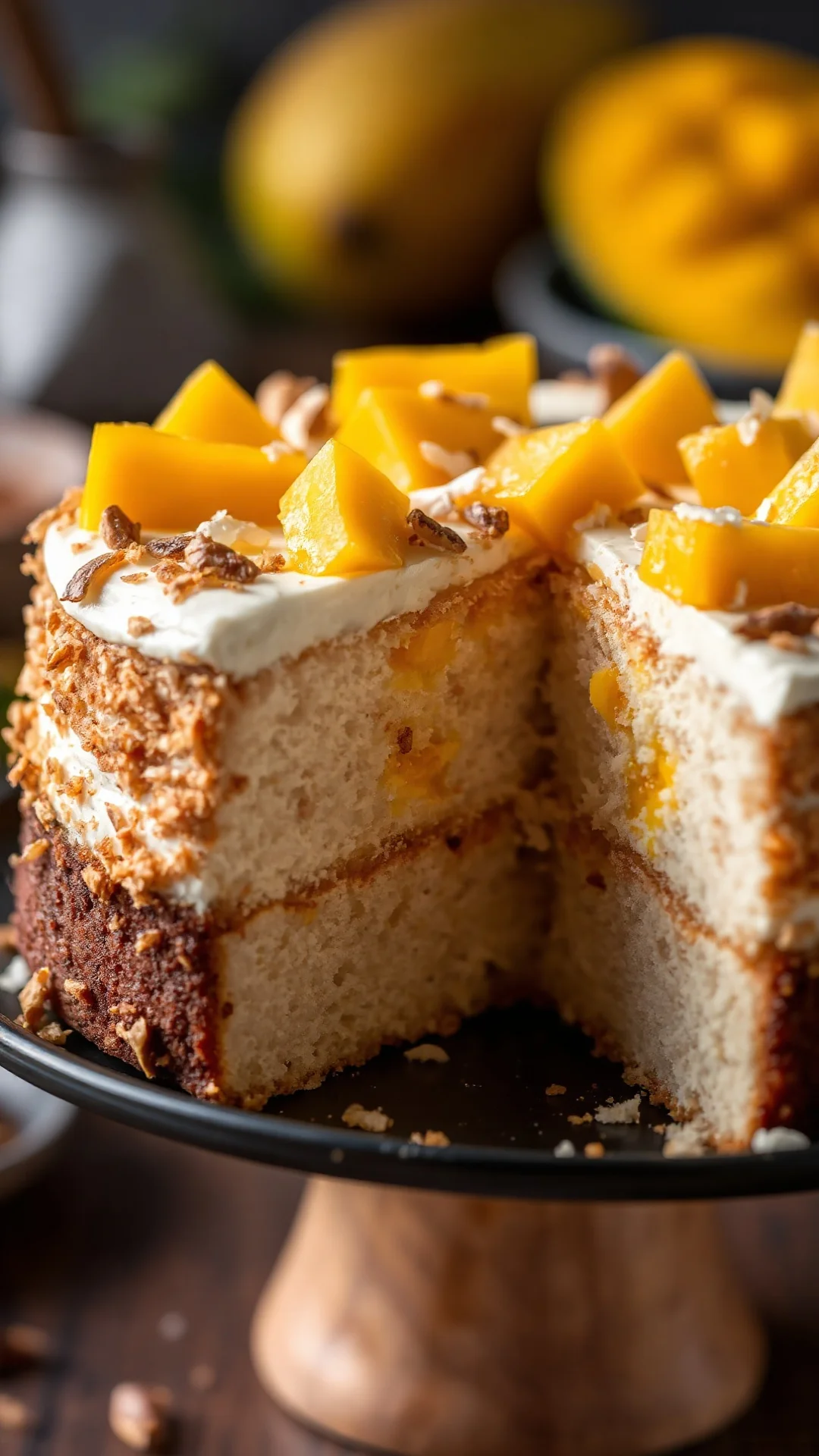 Vertical close-up portrait of a tropical mango coconut fraisier cake with fresh mango cubes and toasted coconut flakes, vibra
