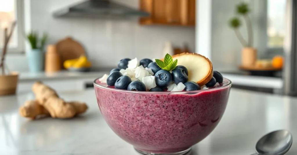 Vibrant anti-inflammatory smoothie bowl topped with fresh blueberries, coconut flakes, ginger slices, in a modern kitchen set