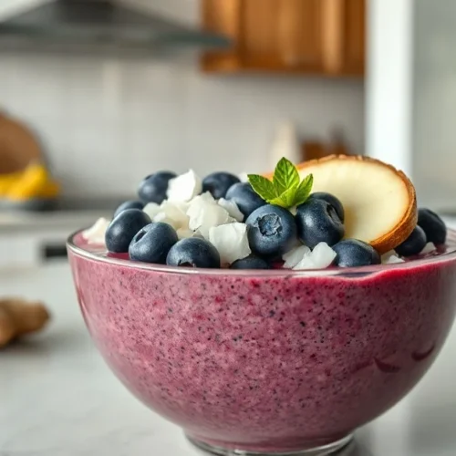 Vibrant anti-inflammatory smoothie bowl topped with fresh blueberries, coconut flakes, ginger slices, in a modern kitchen set