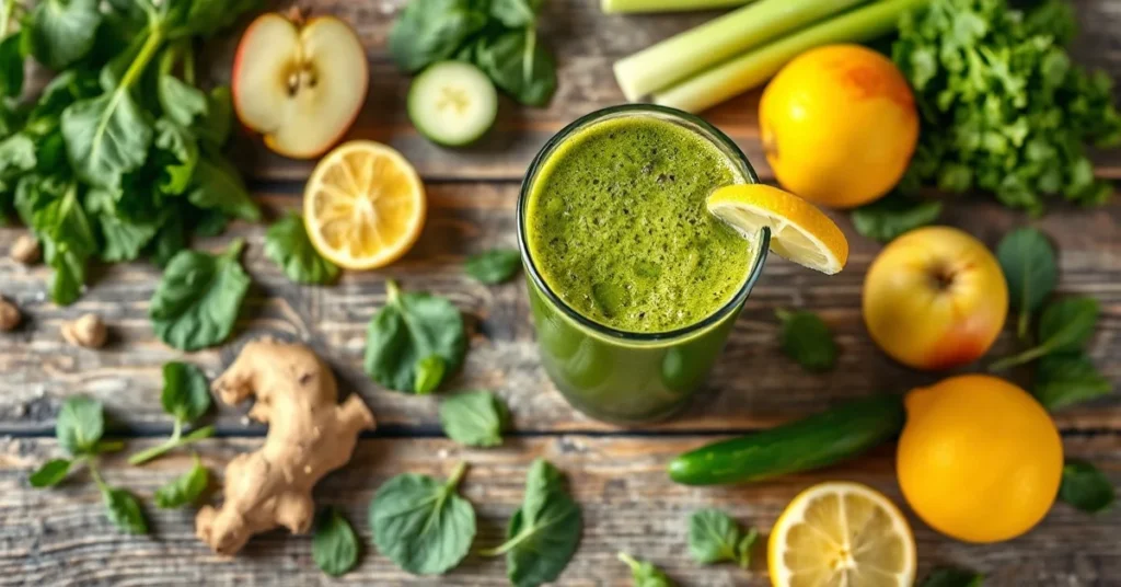 Vibrant green detox smoothie in tall glass with fresh spinach, cucumber, celery, apple, ginger, lemon, overhead flat lay on w