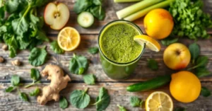 Vibrant green detox smoothie in tall glass with fresh spinach, cucumber, celery, apple, ginger, lemon, overhead flat lay on w