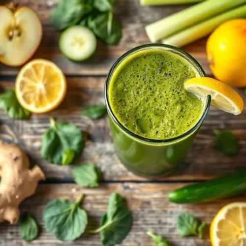 Vibrant green detox smoothie in tall glass with fresh spinach, cucumber, celery, apple, ginger, lemon, overhead flat lay on w