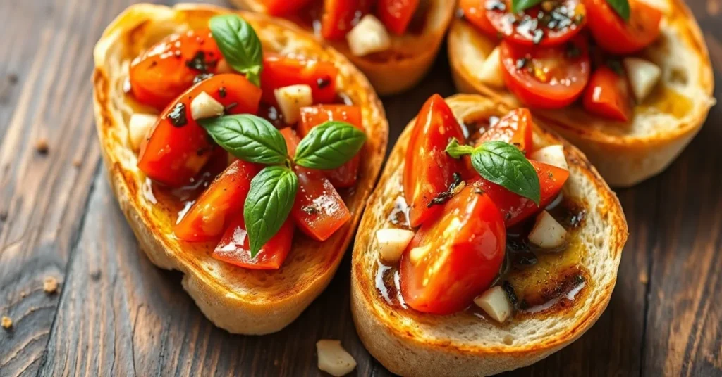 Vibrant Italian bruschetta appetizer with fresh tomatoes, basil, and garlic on crispy toasted bread slices, drizzled with oli