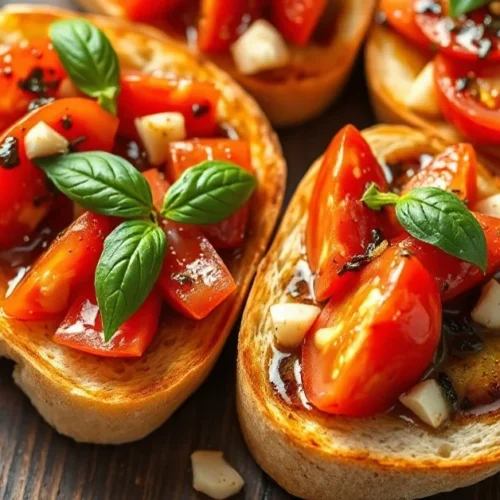 Vibrant Italian bruschetta appetizer with fresh tomatoes, basil, and garlic on crispy toasted bread slices, drizzled with oli