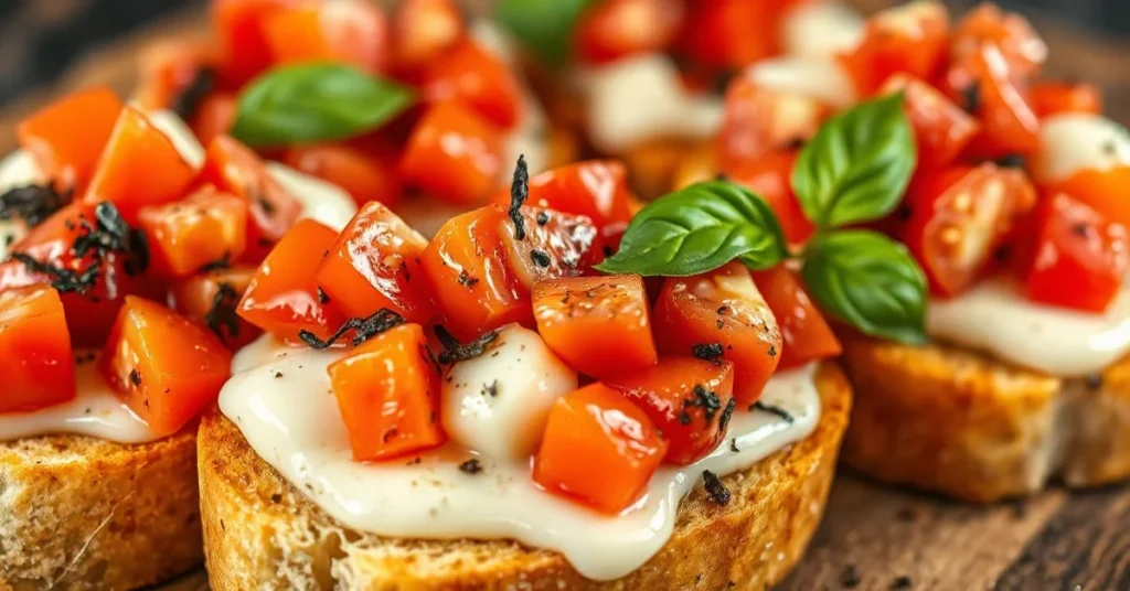 Warm bruschetta with melting mozzarella cheese and fresh diced tomatoes on crispy grilled bread slices, garnished with basil
