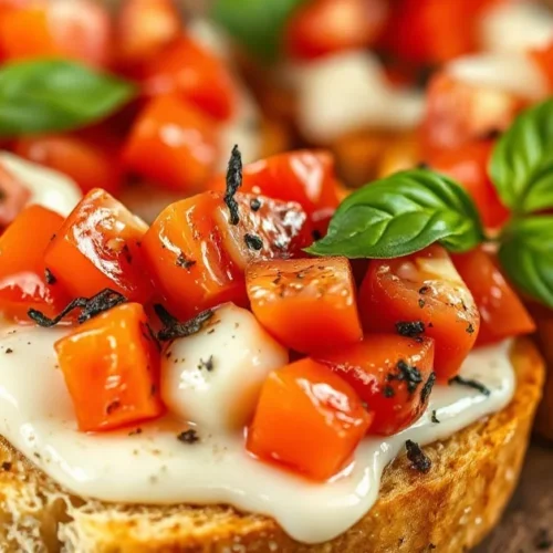 Warm bruschetta with melting mozzarella cheese and fresh diced tomatoes on crispy grilled bread slices, garnished with basil
