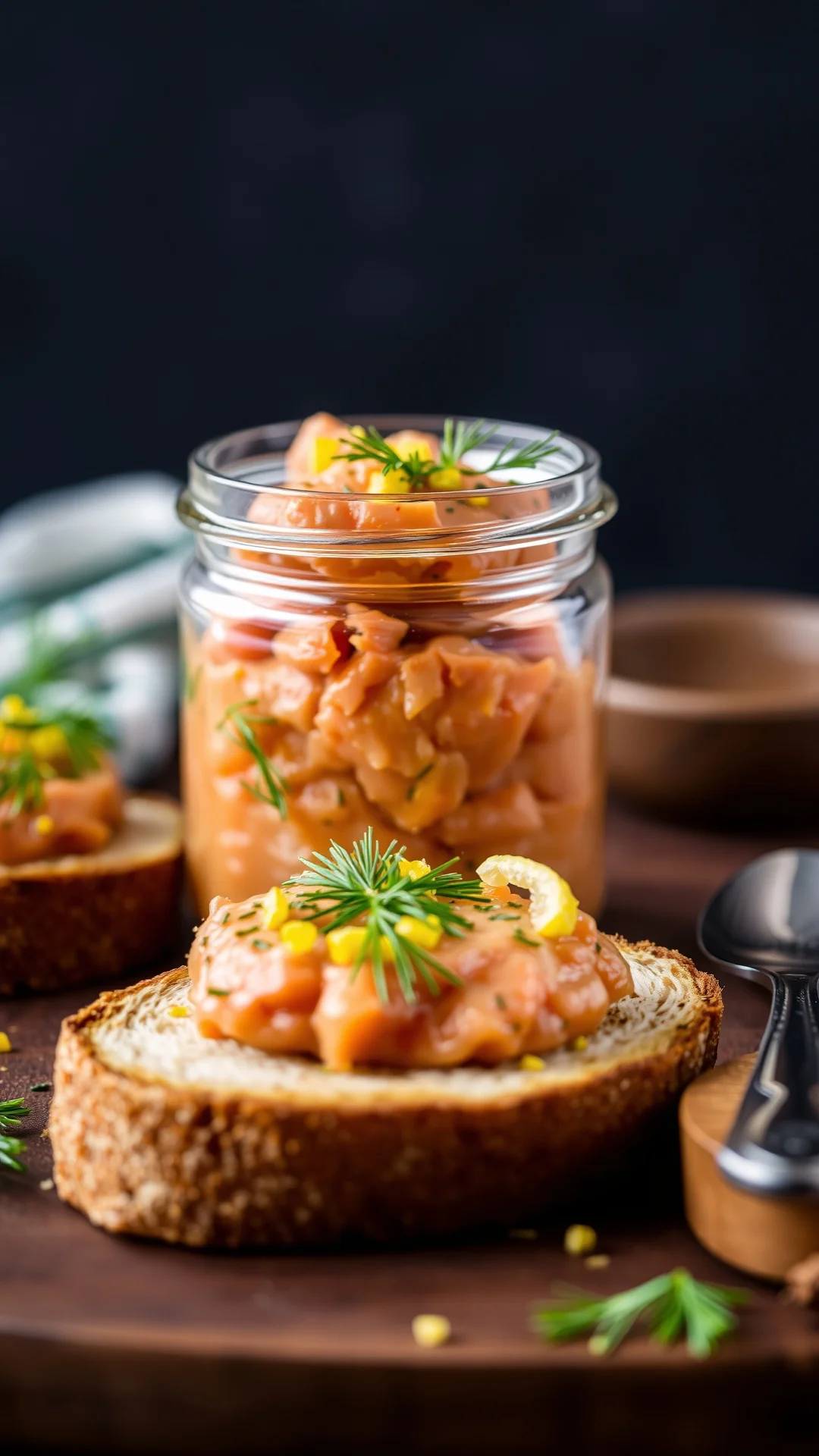 Appetizing close-up of smoked salmon rillettes in a small glass jar with fresh dill and lemon zest on rye bread toast, 9:16