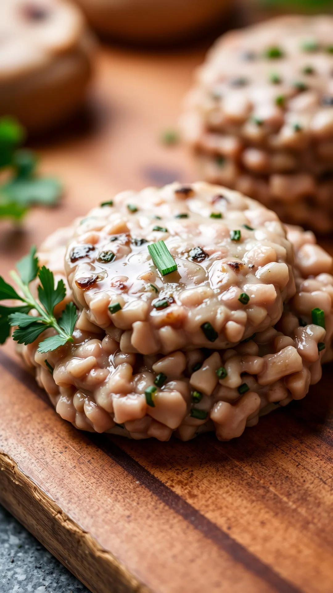 Artistic close-up of fresh mushroom tartare dome garnished with flat parsley and chives on rustic wooden board, earthy tones,