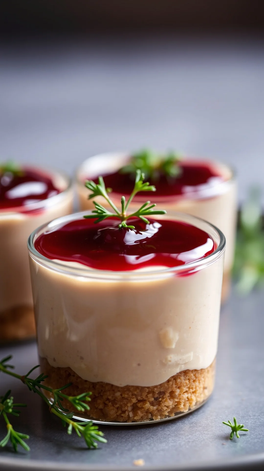 Beautiful close-up of smooth chicken liver mousse verrine topped with shiny port wine jelly and fresh thyme, rich warm tones,