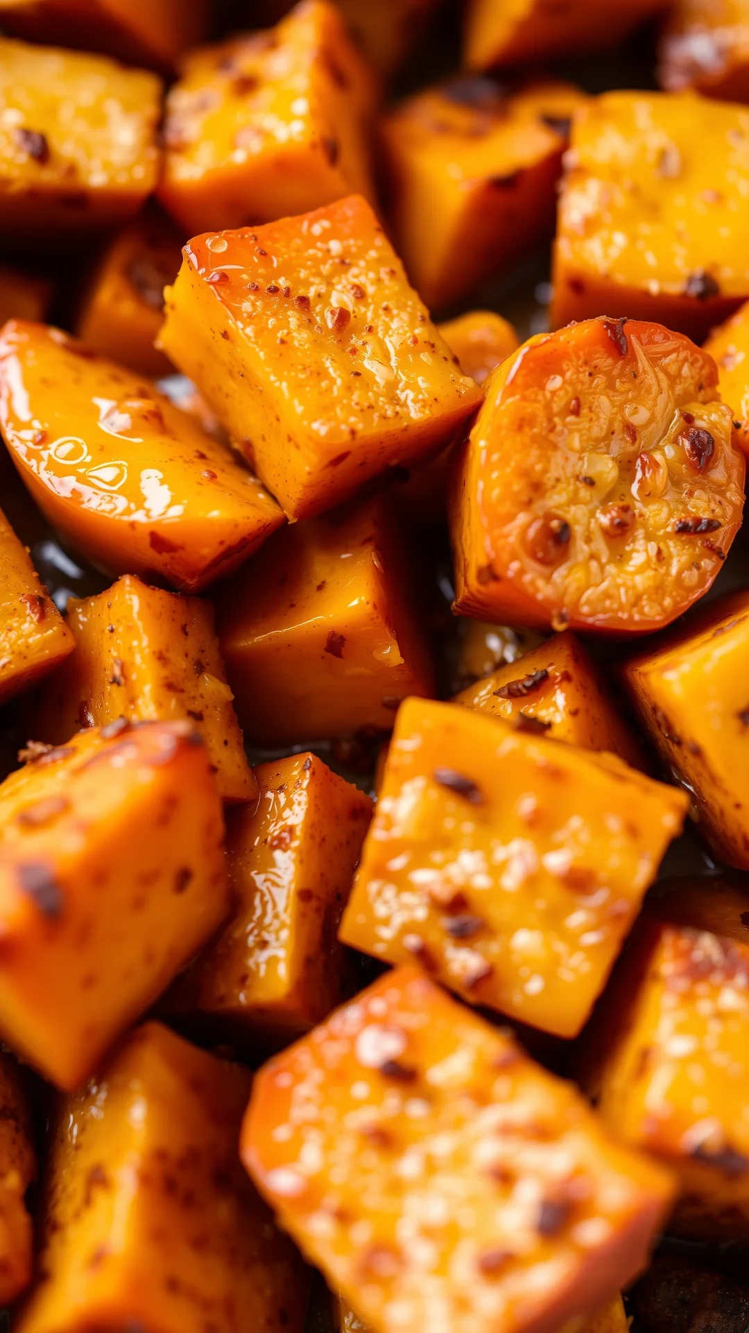 Close-up detail of tender roasted pumpkin cubes with cinnamon spices, glistening olive oil, autumn colors, food styling macro