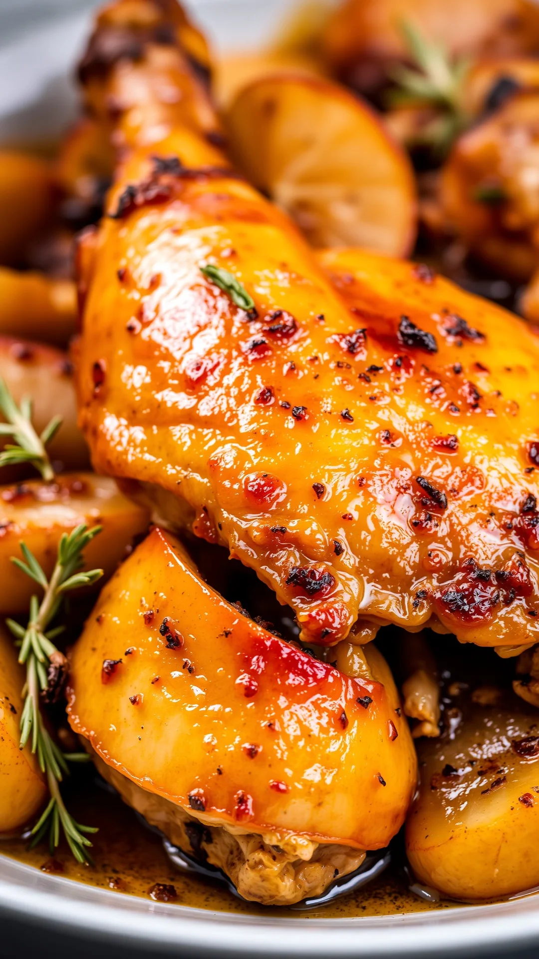 Close-up of golden roasted chicken with caramelized apples and crispy herbs, steam rising, warm autumn spices visible