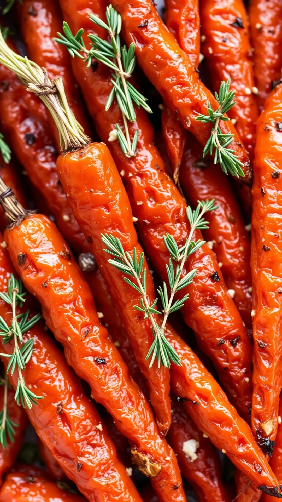 Close-up overhead view of roasted caramelized carrots with herb sprigs, golden honey glaze glistening, fresh herbs, autumn ha