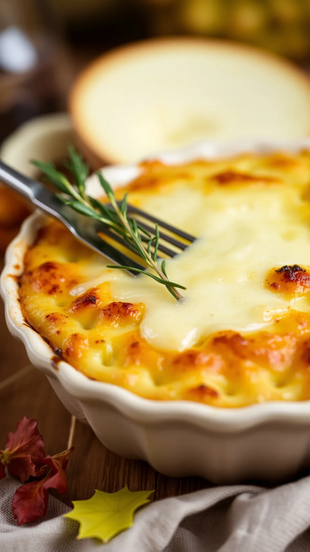 Close-up portrait of a bubbling golden gratin dauphinois with melted reblochon cheese on top, perfectly browned crust, in a c