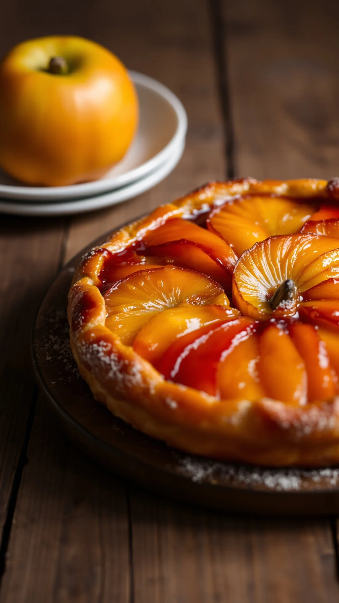 Close-up portrait of a classic French tarte tatin with caramelized golden apples and flaky puff pastry, rich amber caramel gl