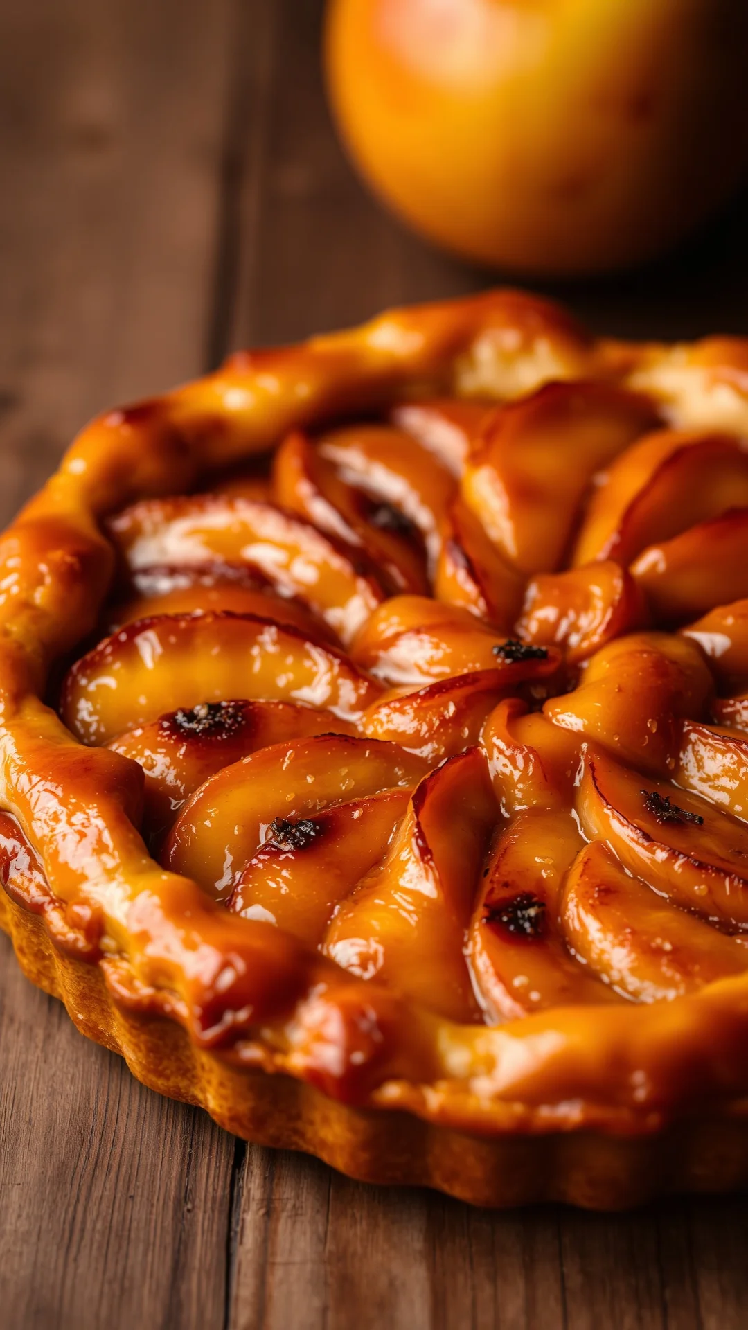 Close-up portrait of a classic French tarte tatin with golden caramelized apples and flaky pastry, warm autumn tones, rustic