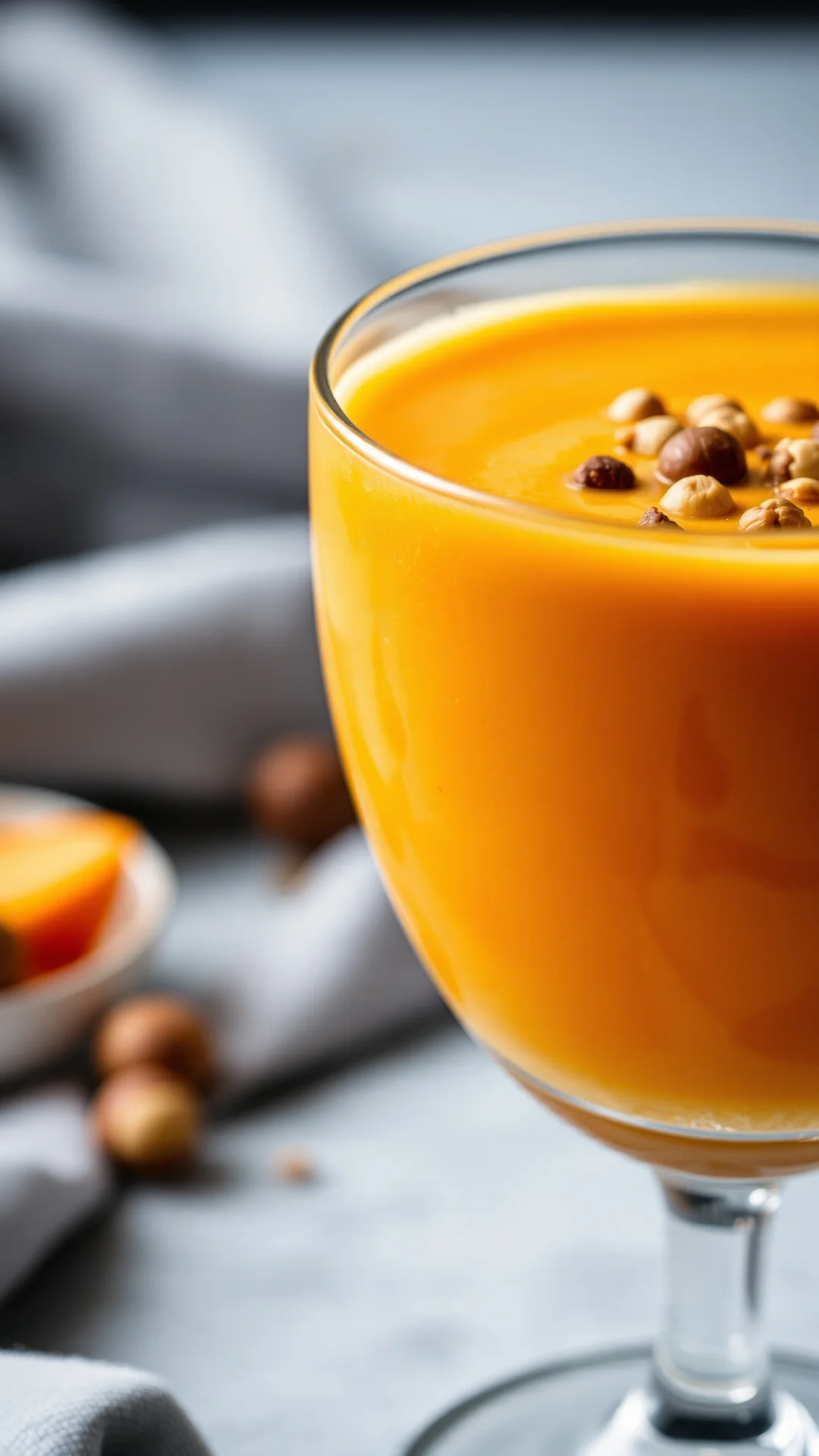 Close-up portrait of a cold butternut squash velouté in elegant glass with toasted hazelnuts and hazelnut oil drizzle, warm