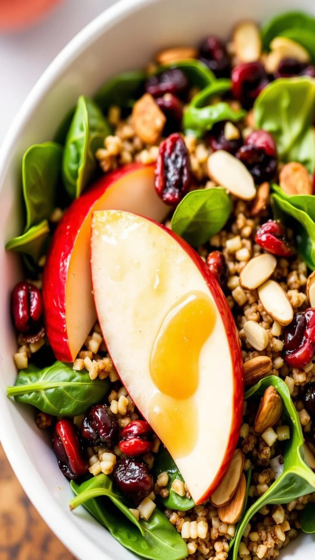 Close-up portrait of a colorful autumn quinoa bowl with sliced red apple, dried cranberries, toasted almonds, baby spinach, h