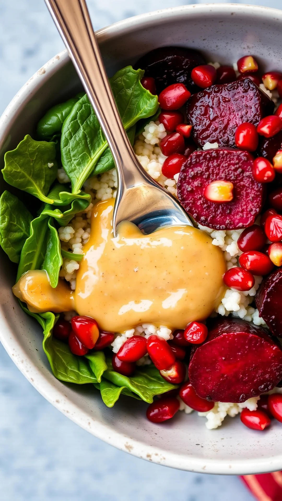 Close-up portrait of a colorful wellness bowl with roasted beetroot, white quinoa, fresh spinach, pomegranate seeds and golde