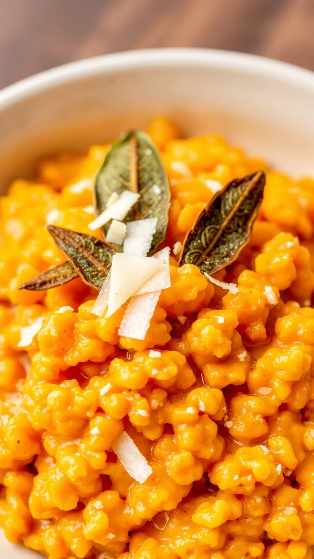 Close-up portrait of a creamy butternut squash risotto topped with crispy fried sage leaves and shaved parmesan, warm orange