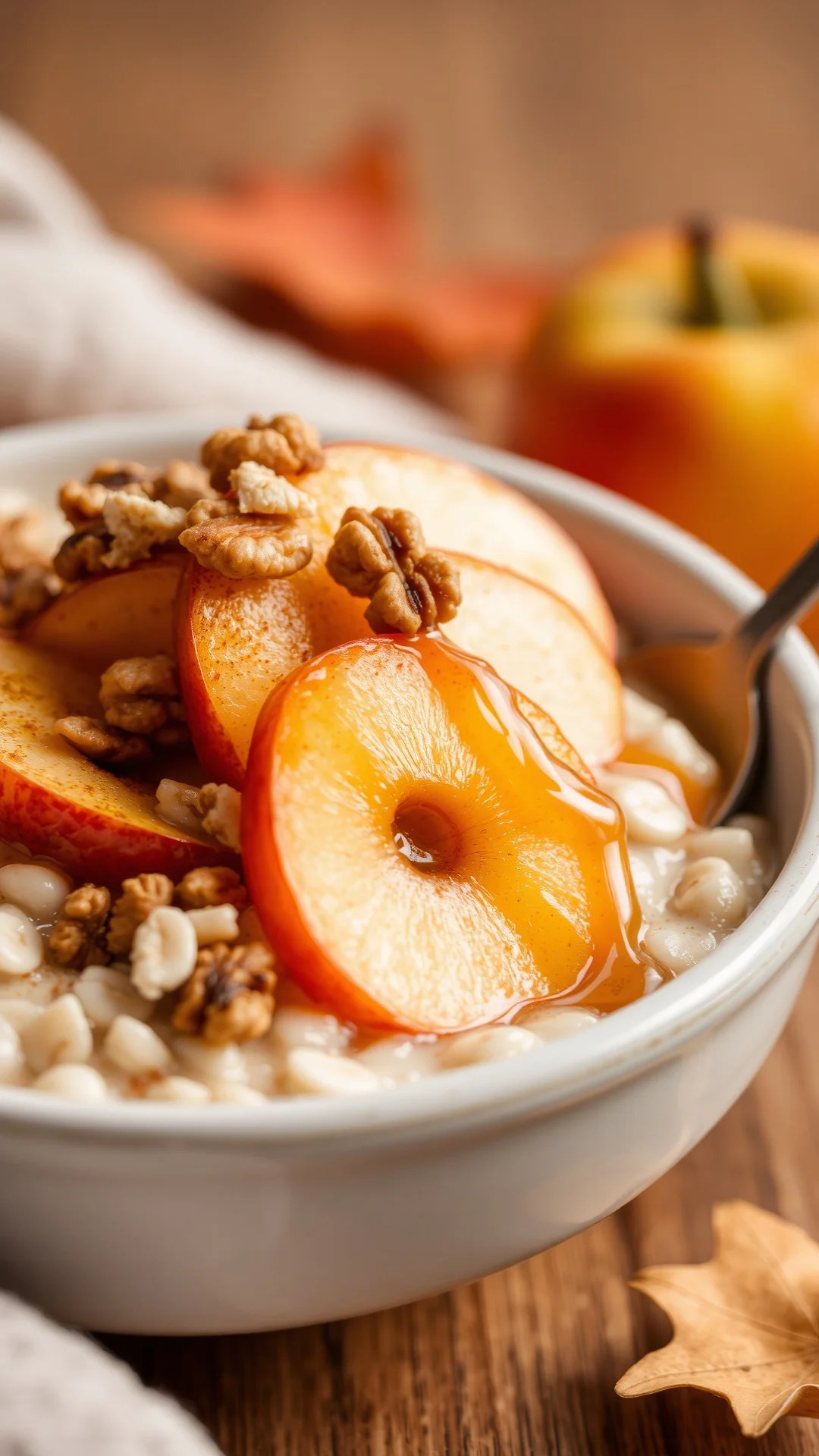 Close-up portrait of a creamy oat porridge topped with caramelized apple slices, crushed walnuts, cinnamon dust and honey dri