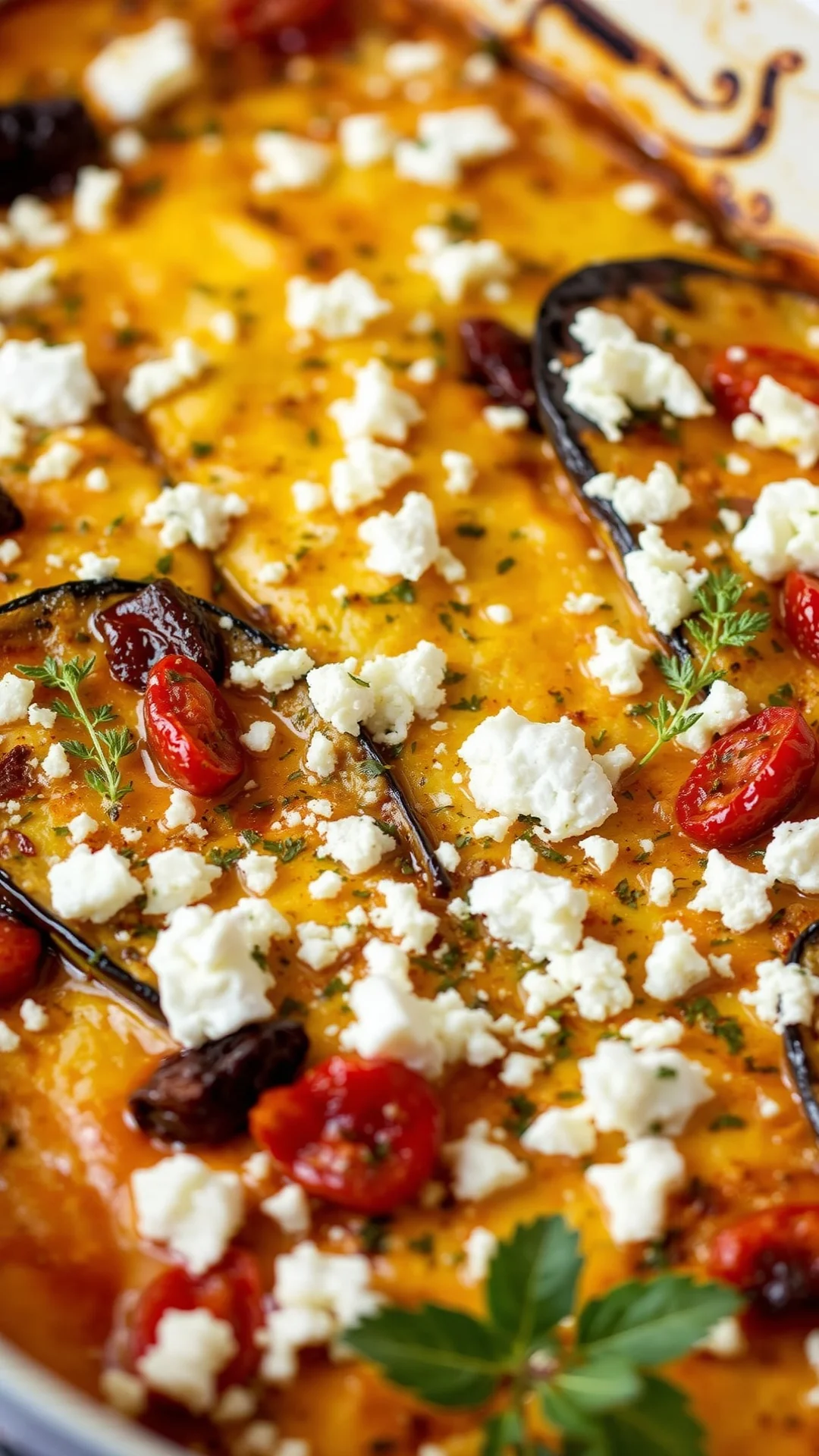Close-up portrait of a golden Greek eggplant gratin with crumbled feta cheese, sun-dried tomatoes and oregano, bubbling edges