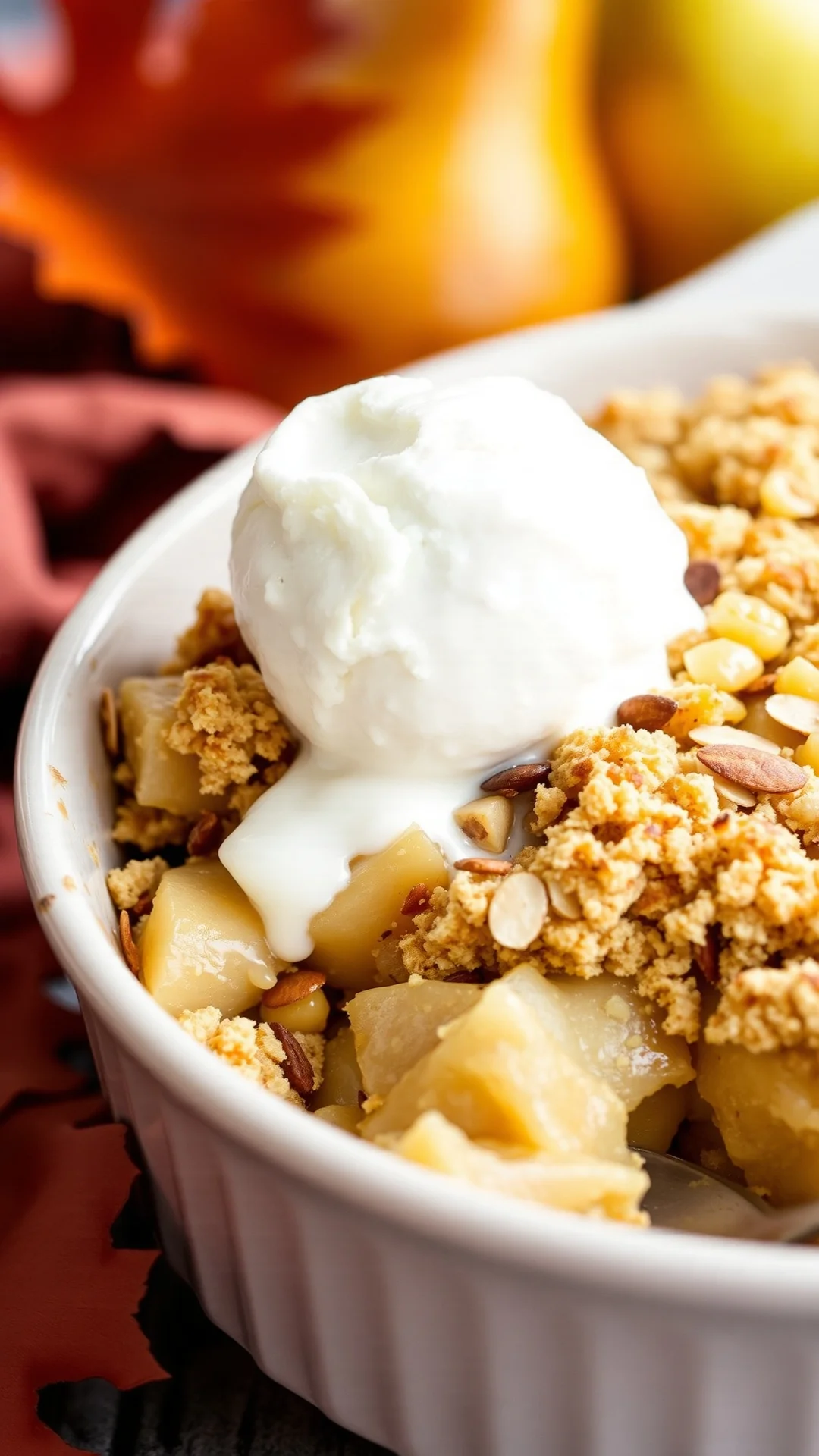 Close-up portrait of a golden pear and almond crumble in a ceramic baking dish with a scoop of vanilla ice cream melting on t