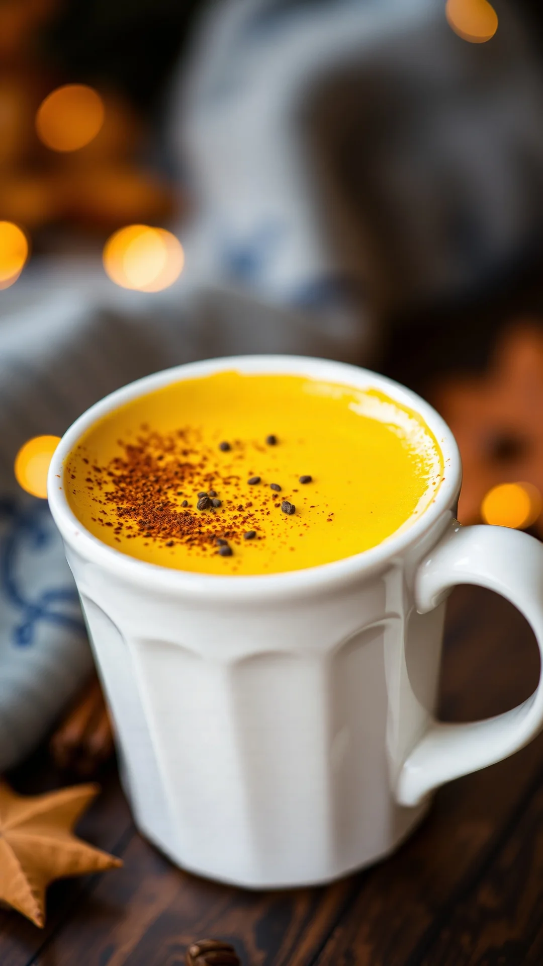 Close-up portrait of a golden turmeric latte in a white ceramic mug, cinnamon powder on top, black pepper, cozy autumn atmosp