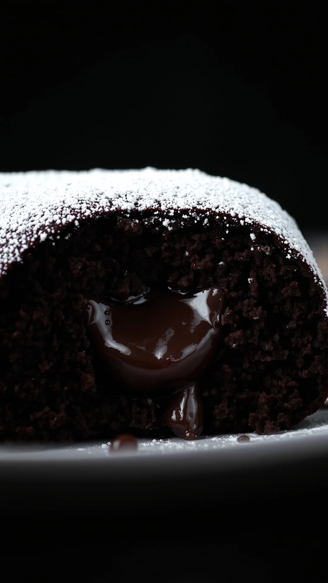 Close-up portrait of a moist chocolate chestnut fondant cake slice revealing a gooey center, dusted with powdered sugar, dark