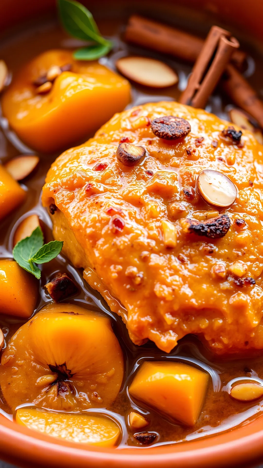 Close-up portrait of a Moroccan chicken tajine with golden quince quarters, toasted almonds, and cinnamon sticks, rich amber