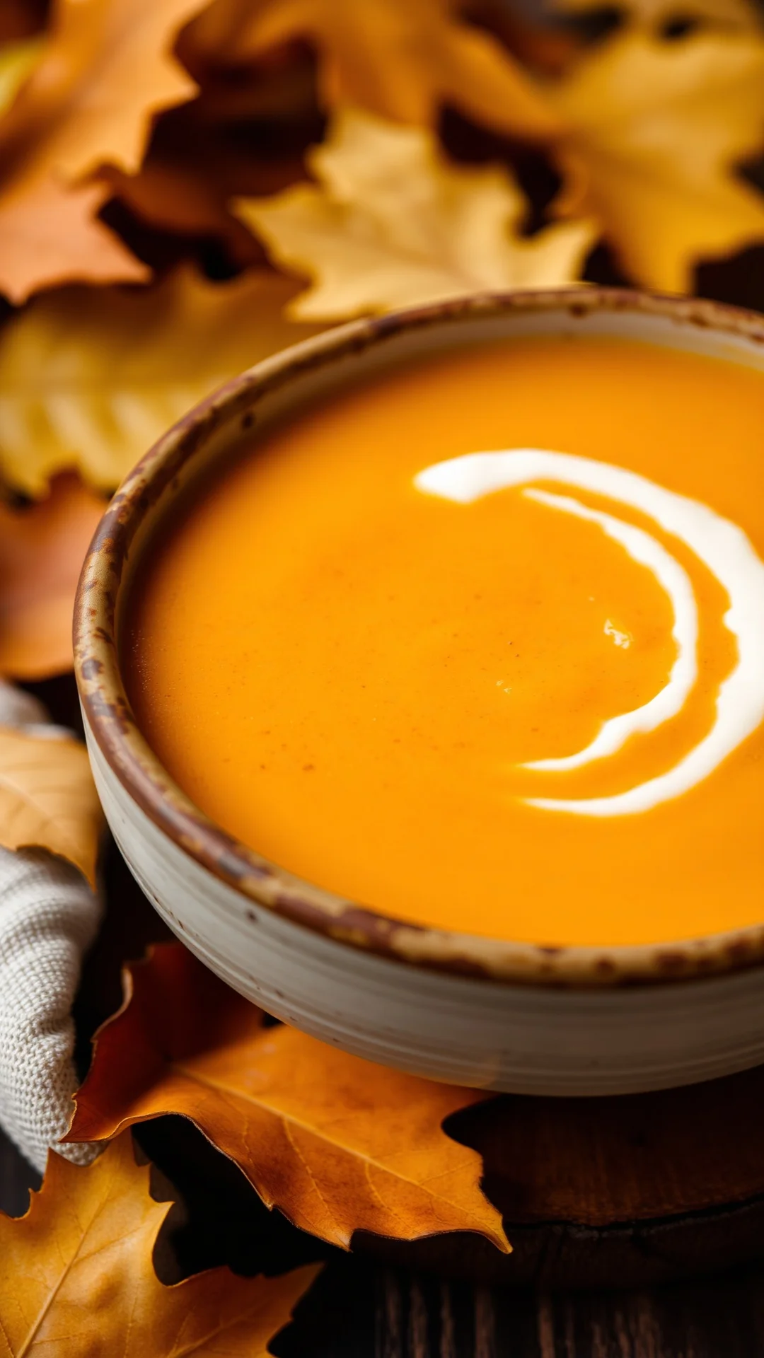 Close-up portrait of a rustic bowl of creamy butternut squash and chestnut soup, golden orange color, fresh cream swirl on to