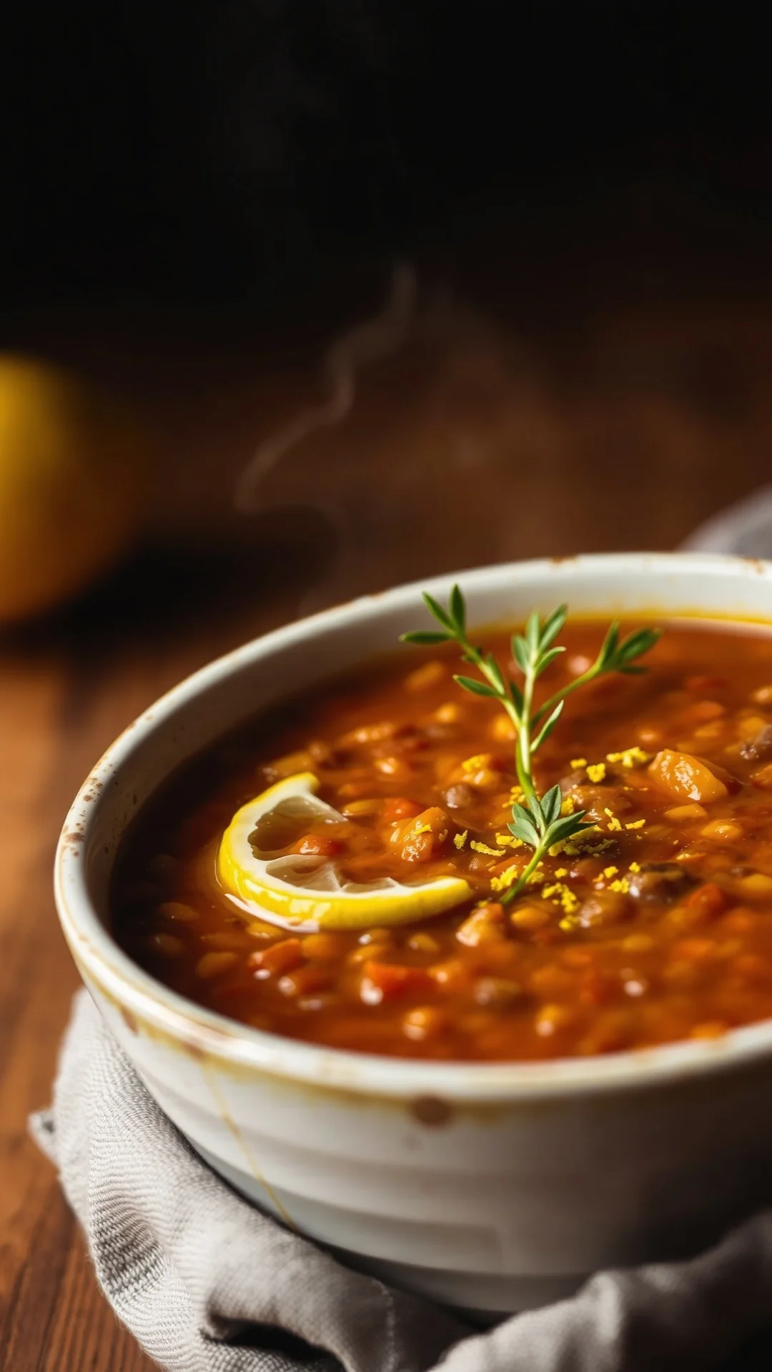 Close-up portrait of a rustic bowl of red lentil soup with cumin, preserved lemon zest, and a drizzle of golden olive oil, wa