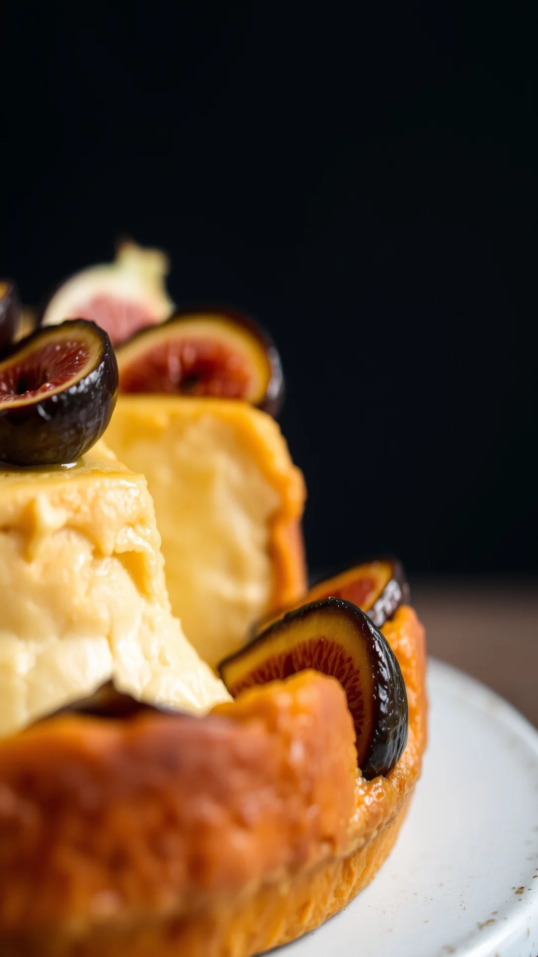 Close-up portrait of a rustic ricotta fondant cake with roasted figs caramelized with honey and thyme, golden crust, warm coz