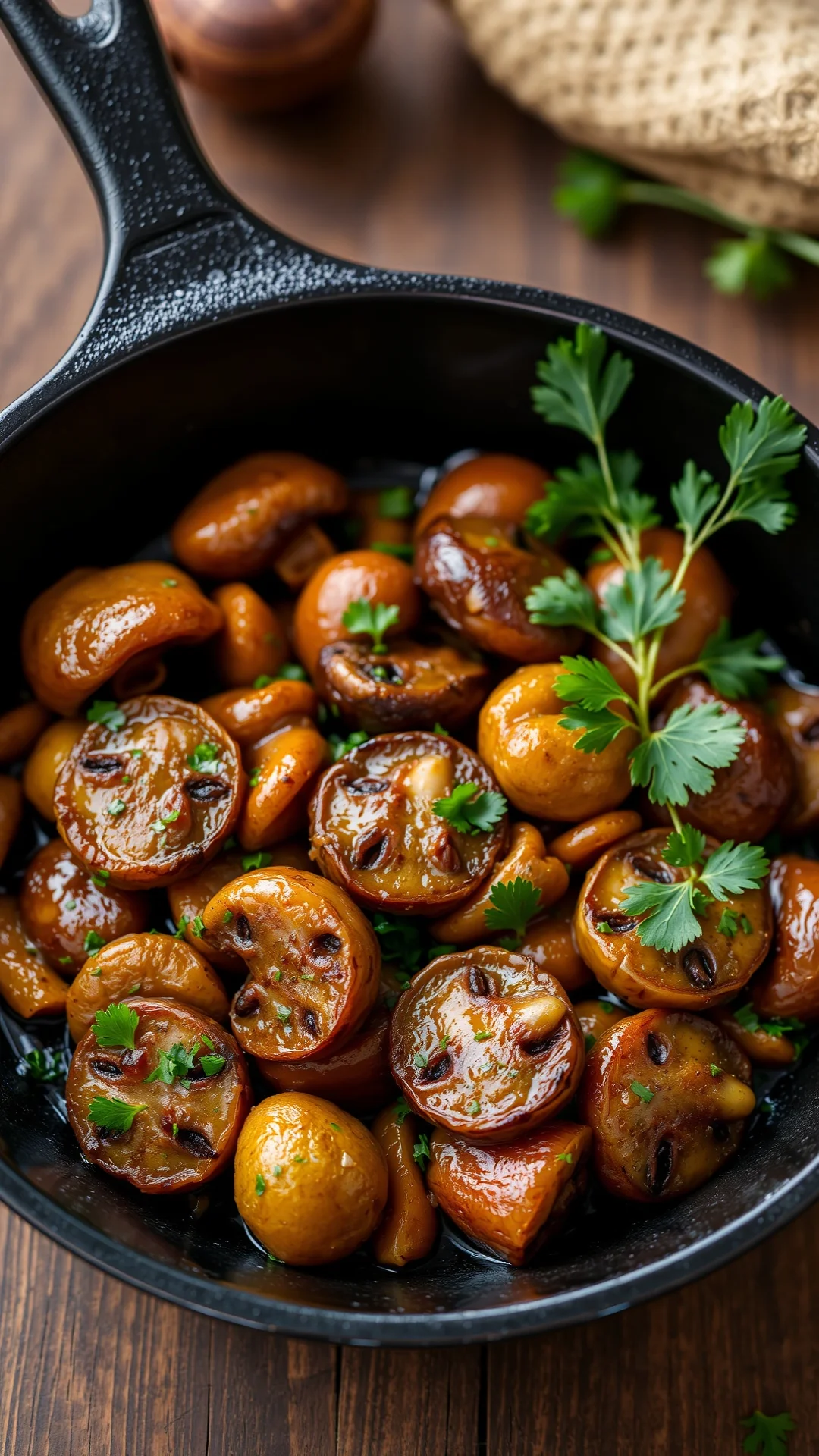 Close-up portrait of a sautéed mushroom and chestnut pan dish with fresh parsley, golden brown colors, cast iron skillet, ru