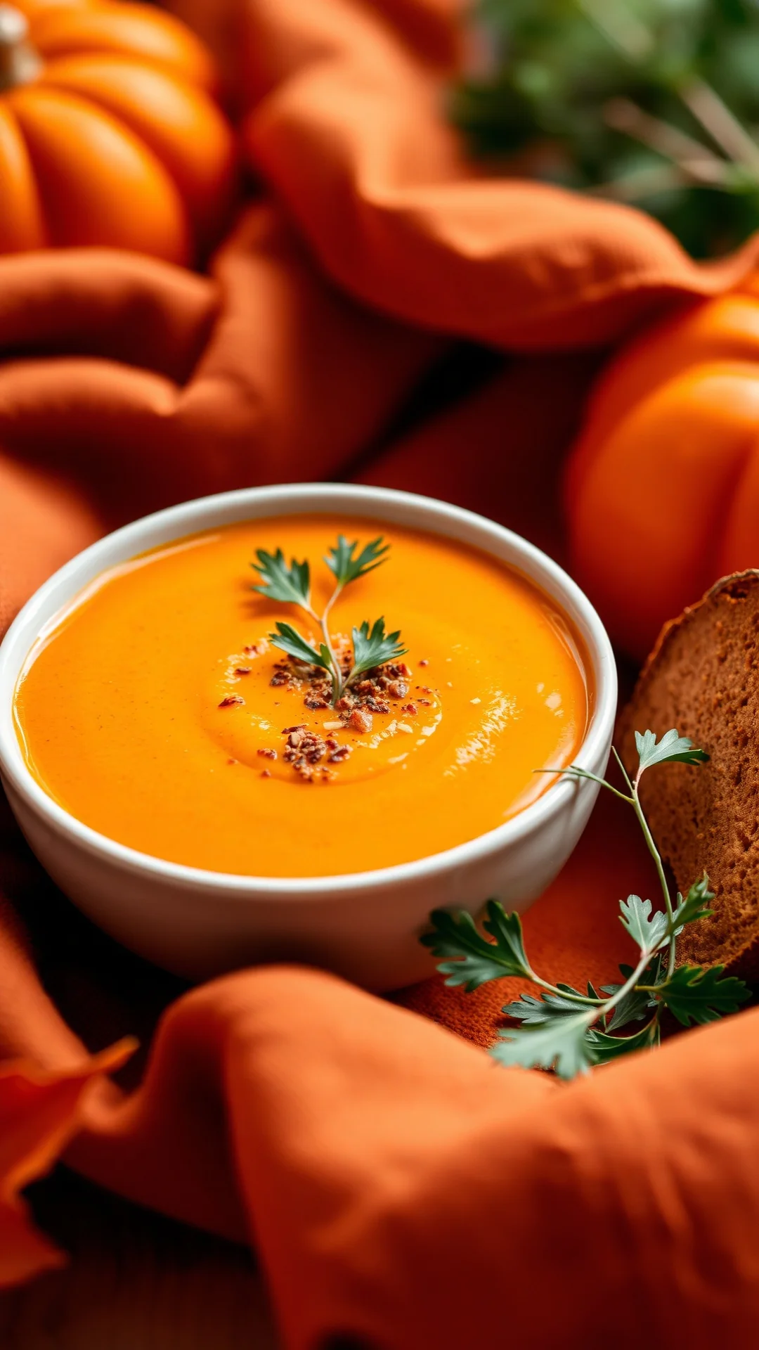 Close-up portrait of a smooth carrot and red lentil soup with cumin, bright orange color, lemon zest garnish, white ceramic b