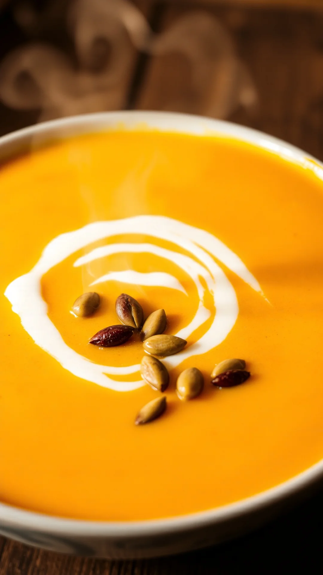 Close-up portrait of a steaming bowl of creamy butternut squash ginger soup, golden color, garnished with cream swirl and roa