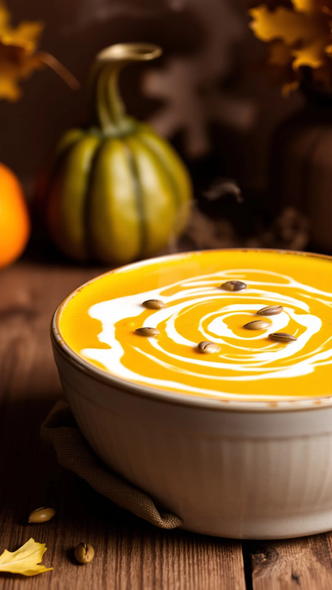 Close-up portrait of a steaming bowl of creamy potimarron and ginger soup, golden orange color, coconut milk swirl, pumpkin s
