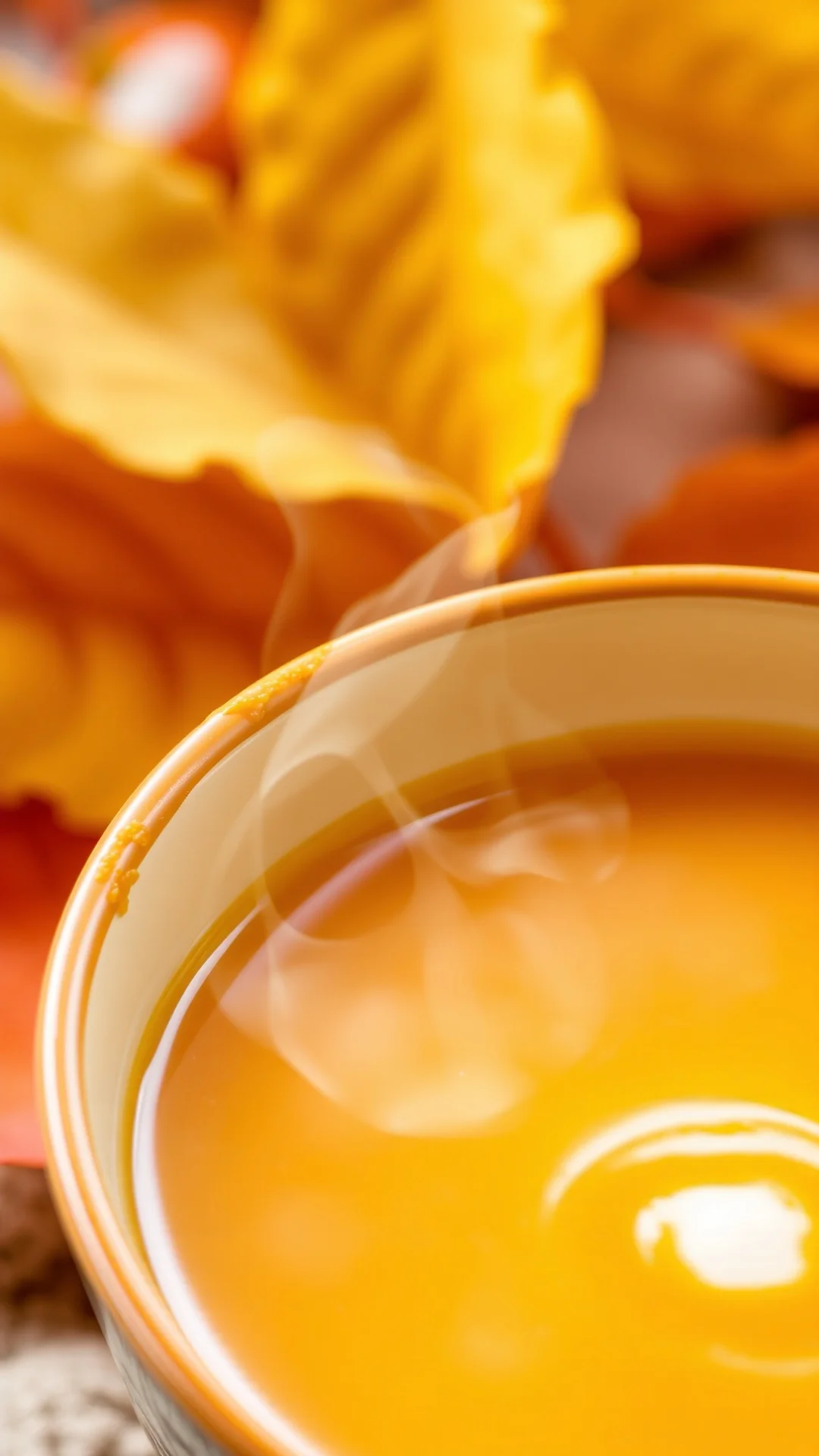Close-up portrait of a steaming bowl of orange potimarron coconut milk velouté soup, golden color, autumn leaves in backgrou