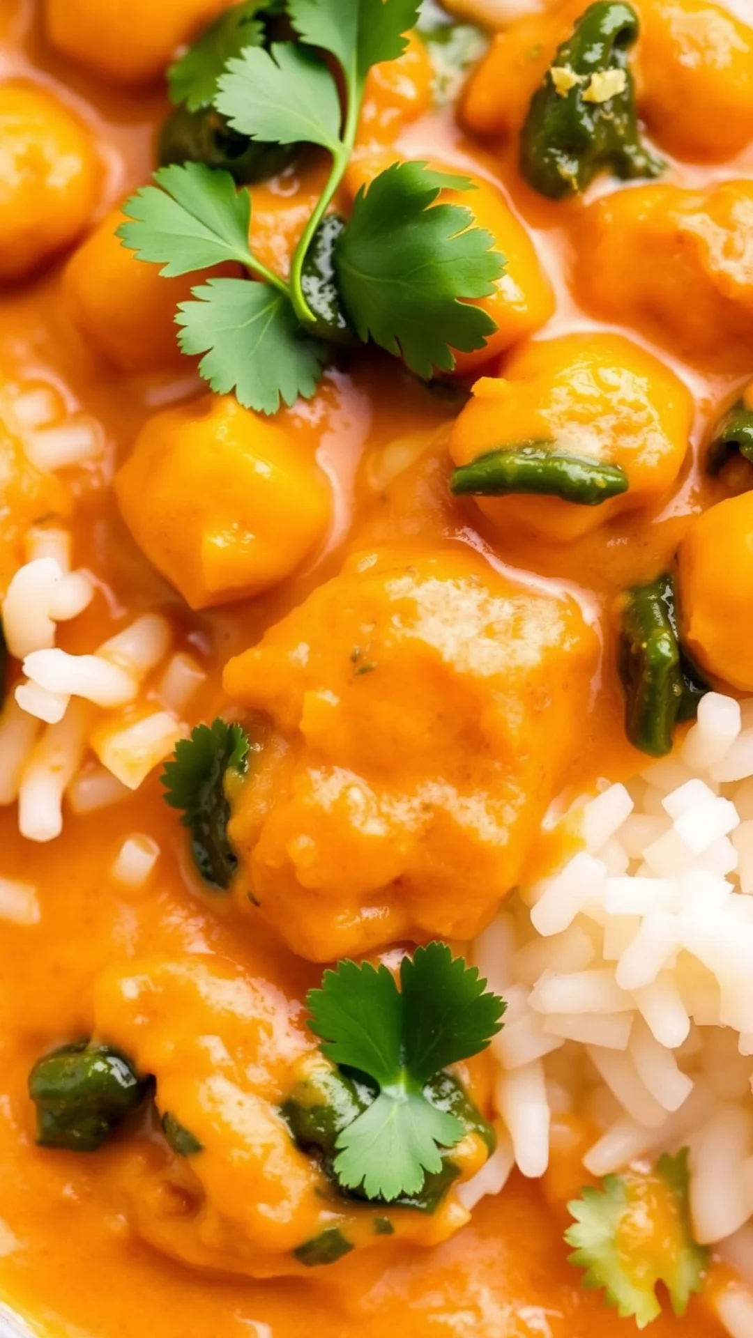 Close-up portrait of a vibrant chickpea and butternut squash red curry with wilted spinach, creamy coconut milk sauce, served