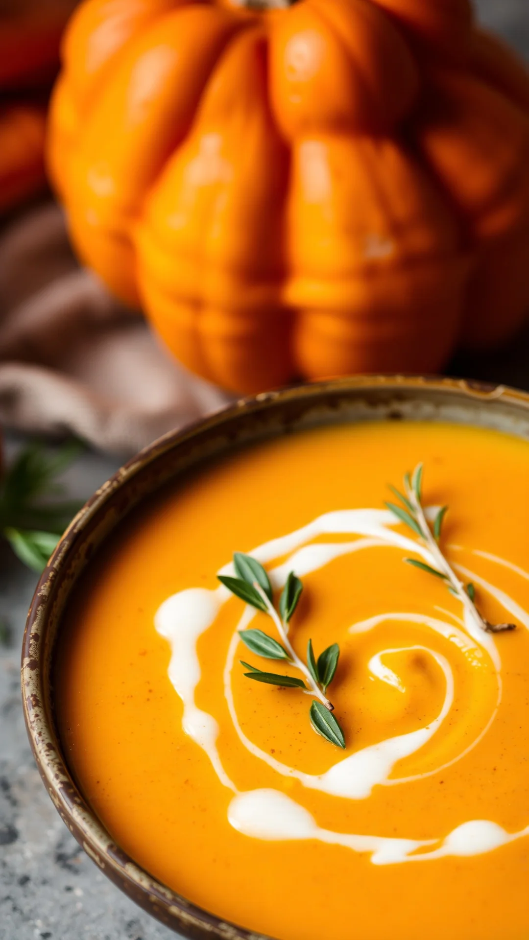 Close-up portrait of a vibrant golden pumpkin soup in a rustic ceramic bowl, turmeric swirl, coconut milk drizzle, autumn her